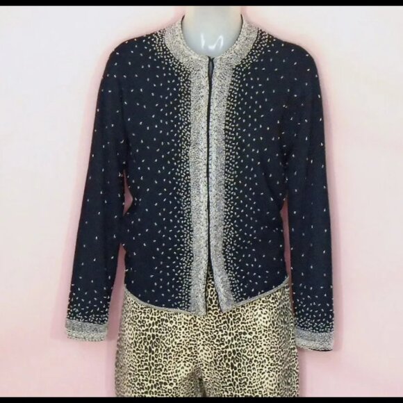 Vintage Beaded Cardigan, Beaded Black Sweater, Rockabilly Fun - Picture 2 of 14